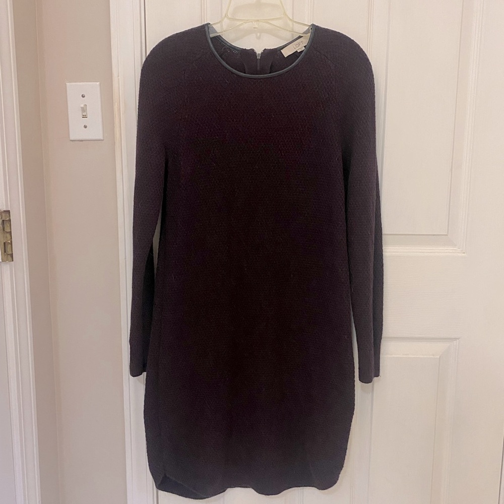 LOFT Plum Sweater Dress in Deep Purple with Leather Trim Neckline